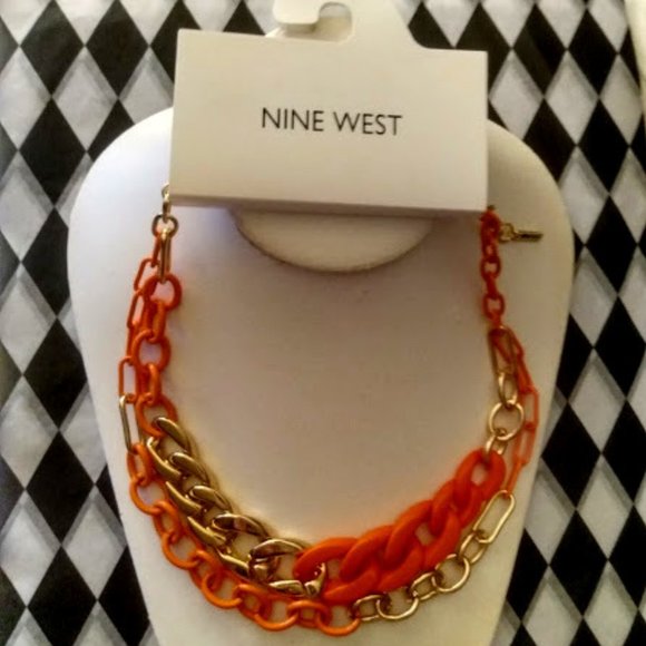 NINE WEST 1980's Inspired Gold/Neon Orange Link Layered Necklace**NEW! - Picture 5 of 5